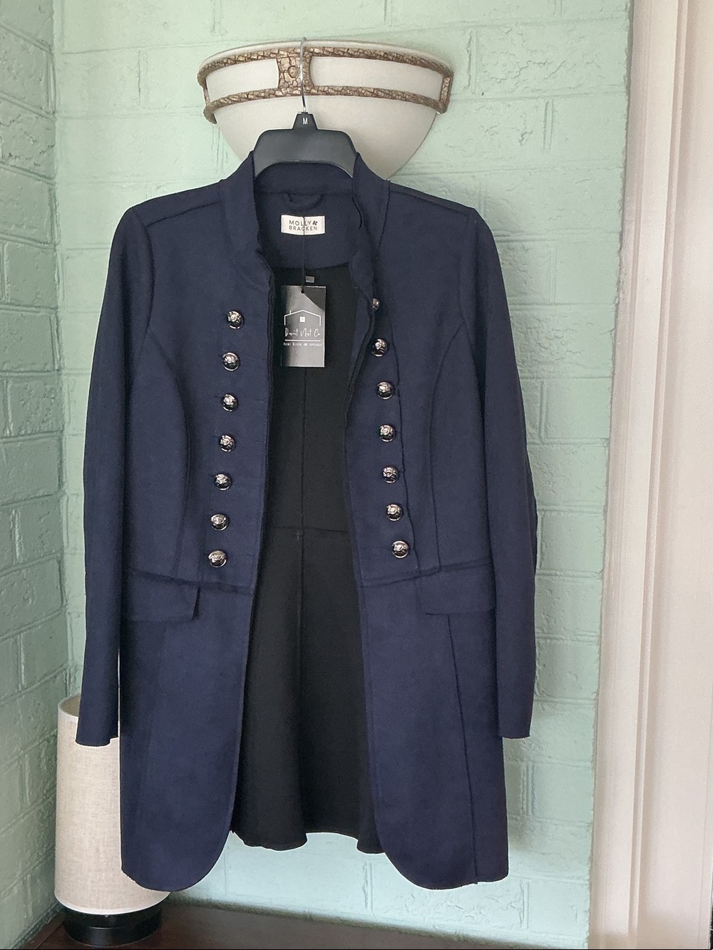 Molly Bracken Navy Military-Style Pea Coat with Decorative Buttons